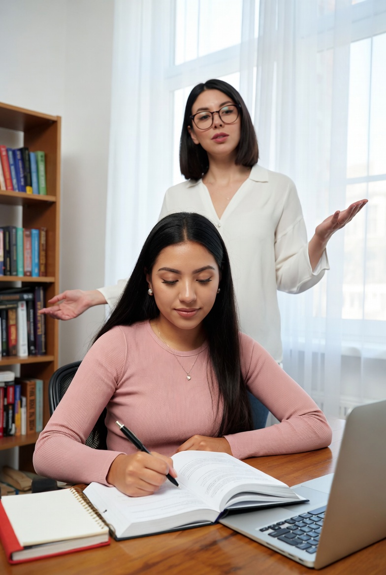 Teacher guiding students through a branded English course workspace